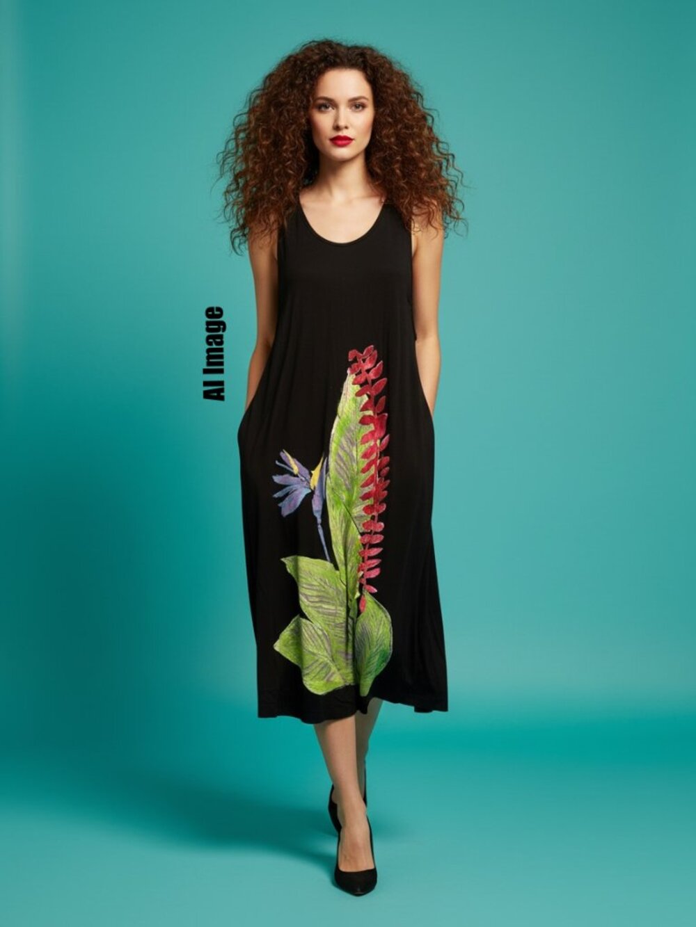 Crazy Fish Hand Painted Tropical Scoop Neck Maxi Dress with Pockets Size M